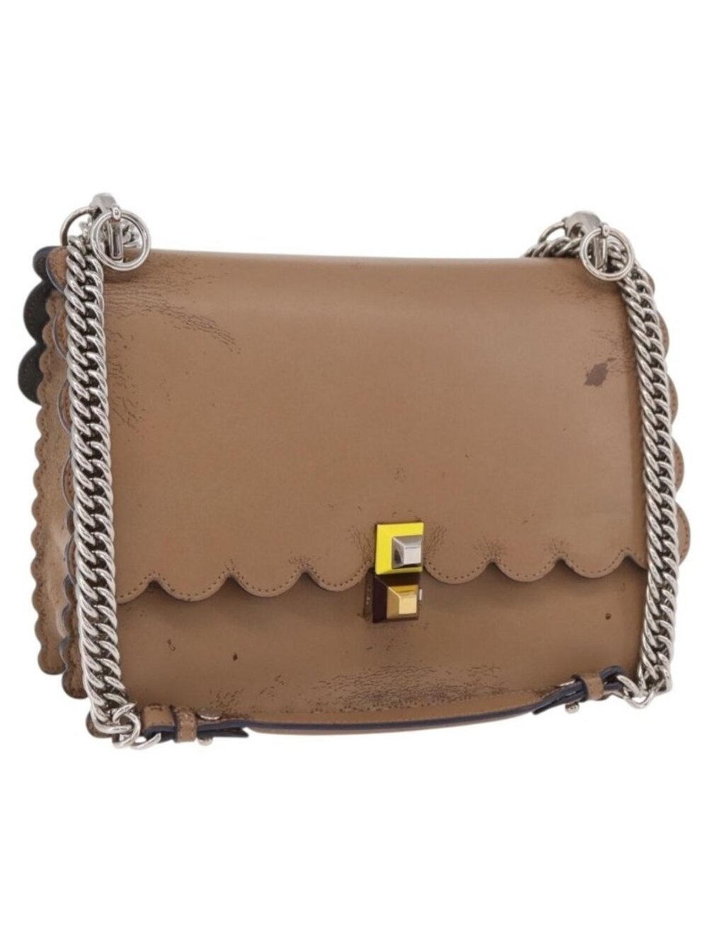 Authentic FENDI Chain Canai Shoulder Bag Leather Beige Silver